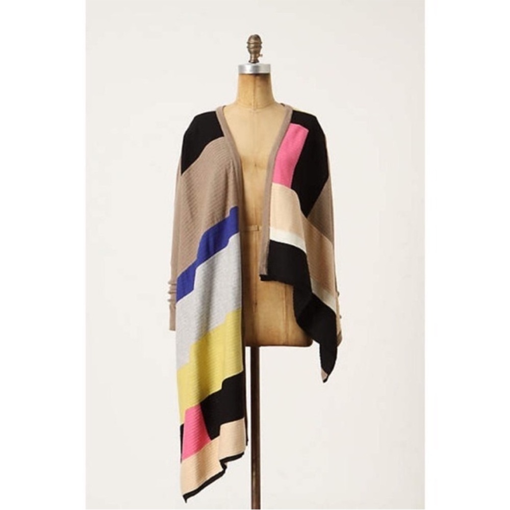 Anthropologie Sparrow Cream Blue Multi Color Block Cascading Cardigan S